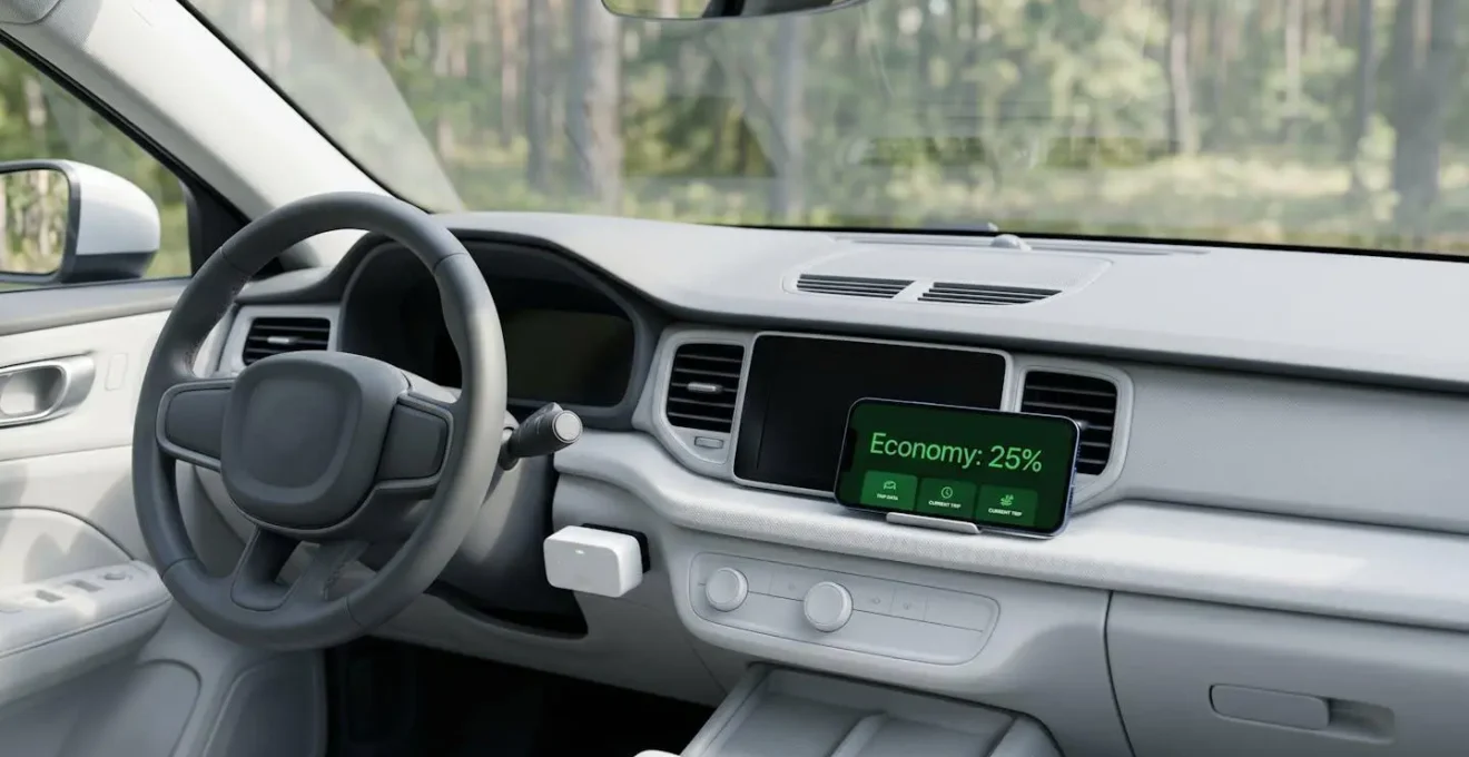 Un boîtier connecté branché sur une voiture, à côté d'un écran affichant le message 'Économie : 25%'.