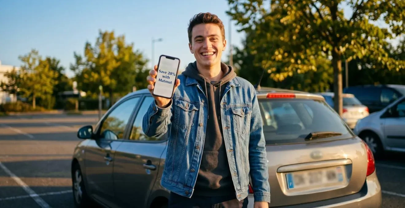 Un conducteur souriant regardant son téléphone affichant une offre d'économie avec Matmut.