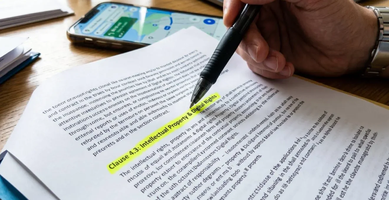 Une main sur un contrat d'assurance, un stylo pointant une clause surlignée, avec un téléphone affichant une localisation en arrière-plan.